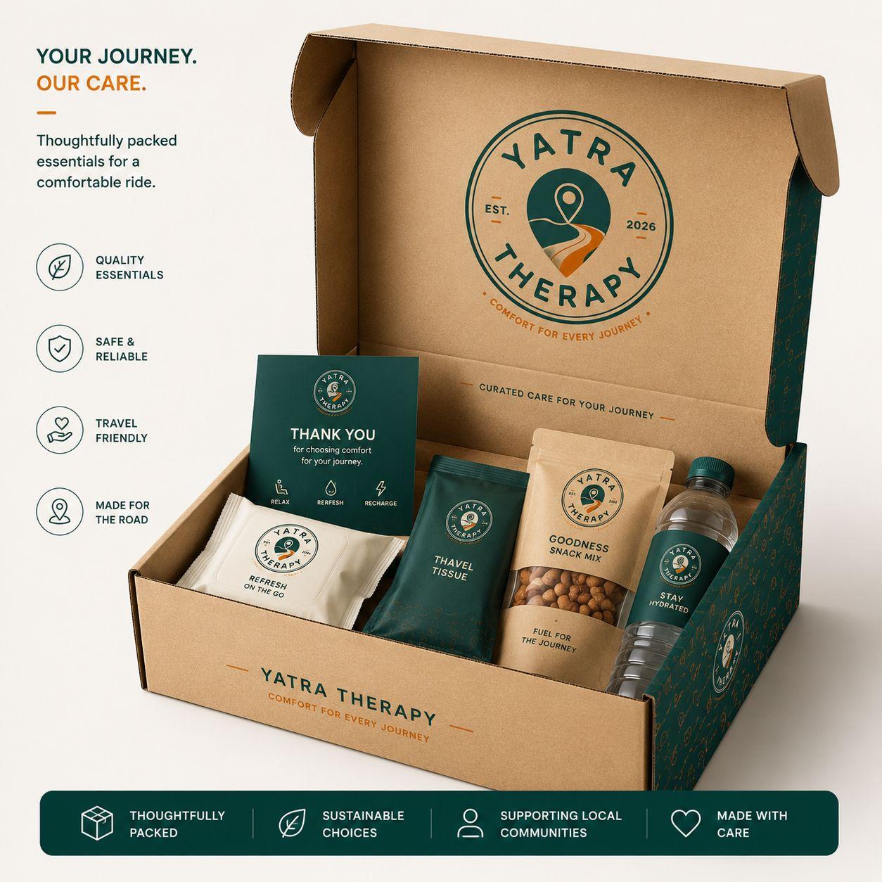 Yatra Therapy open hamper with travel essentials, snacks, tissue, and water