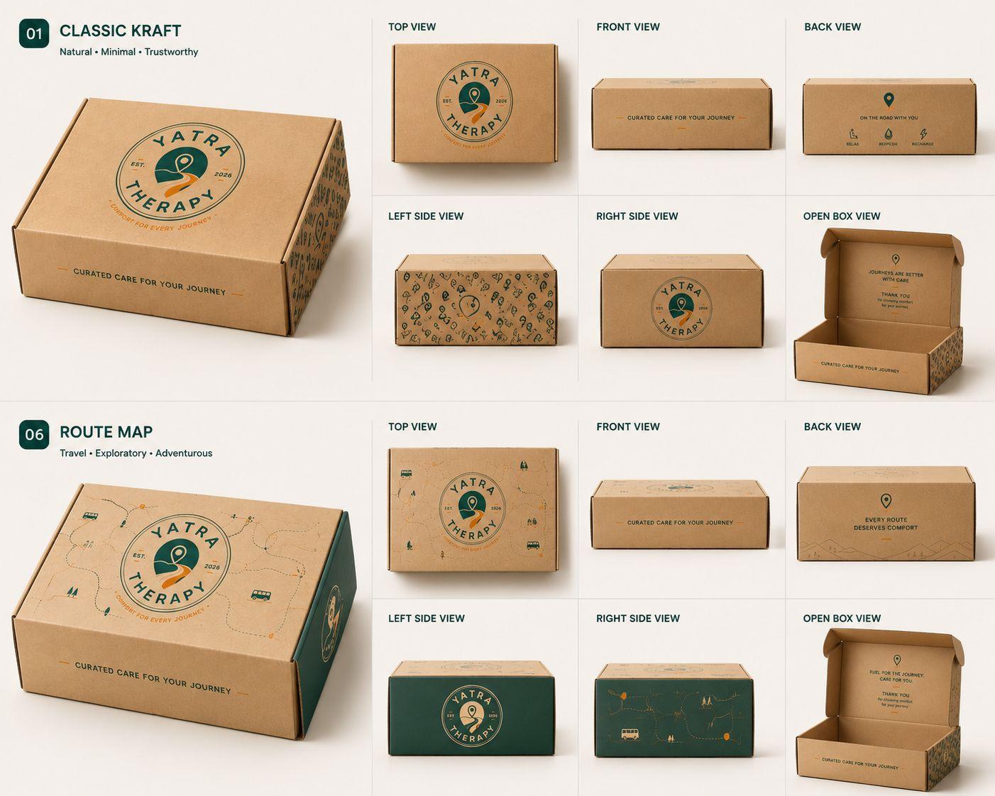Yatra Therapy hamper packaging views for classic kraft and route map boxes